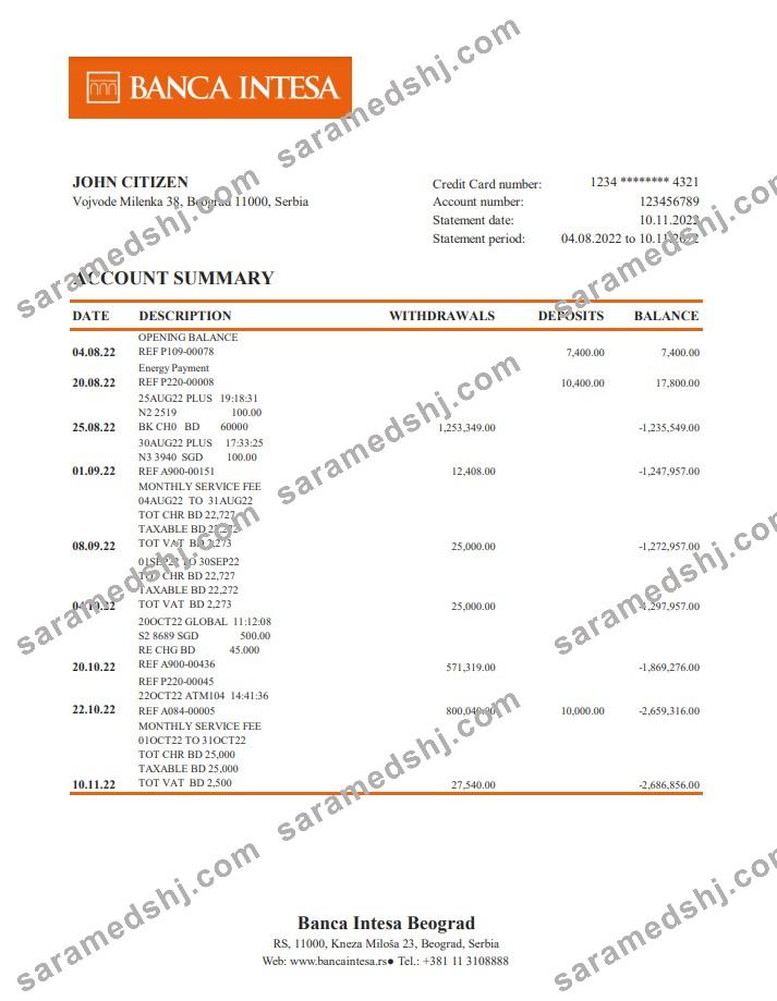 Serbia Banca Intesa bank statement xls